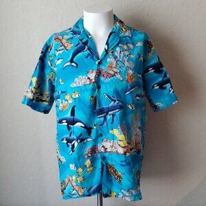 Men's Aloha Republic Hawaiian Shirt Sz M Orca Whale Fish Ocean Button EUC
